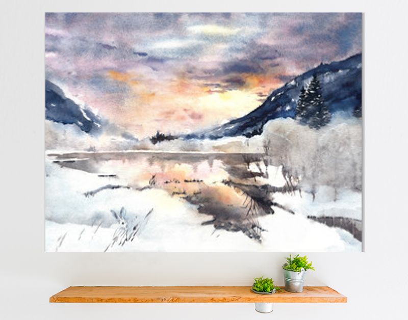 Winterlandschap bergen meer sneeuw aquarel schilderen