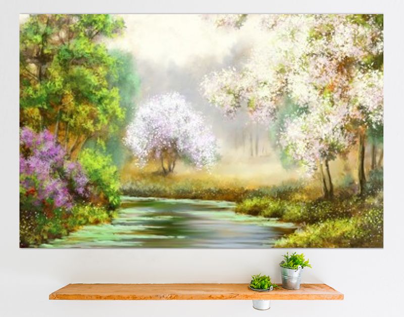 Lente, boom, rivier, schilderijen landschap