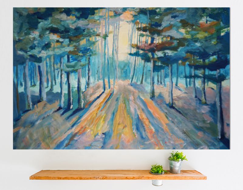 Prachtig winterbos schilderen. Zonlicht in het bos Acryl en volledig spectrum schilderen op canvas en karton