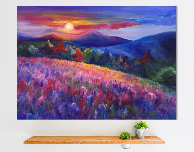 Berglandschap oliekunstwerk, gezellig, vrolijk, met de hand geschilderd