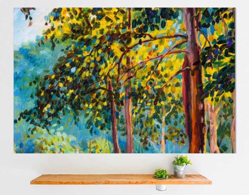 Landschap met olieverf op doek - kleurrijke herfstbomen.