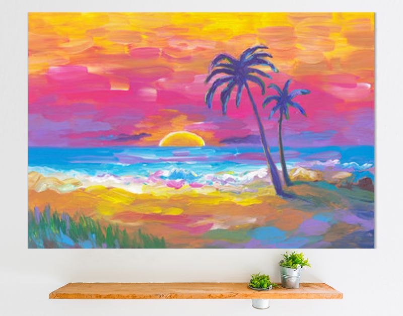 Palmenstrand, zonsondergang, zand, oceaan. Kust landschap. Abstract olieverfschilderij