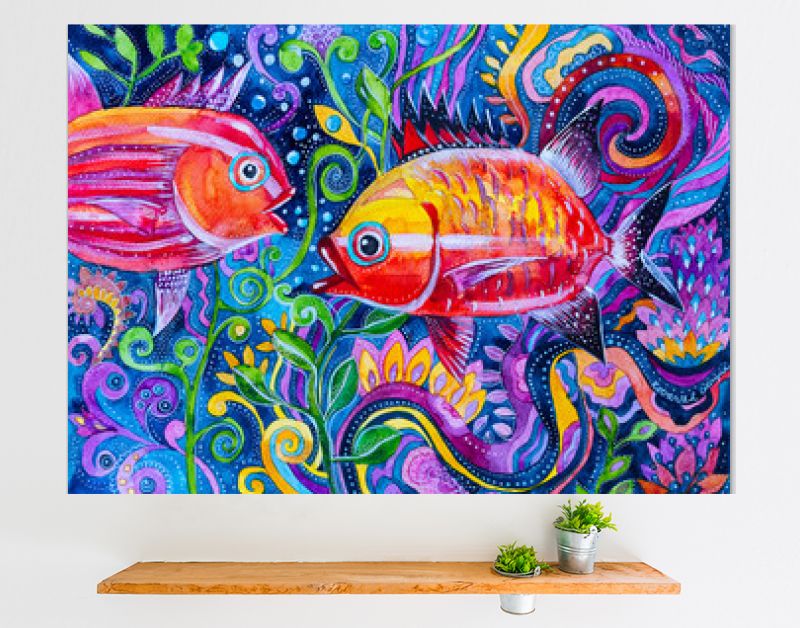 geschilderde aquarel fantasie kleurrijke vissen
