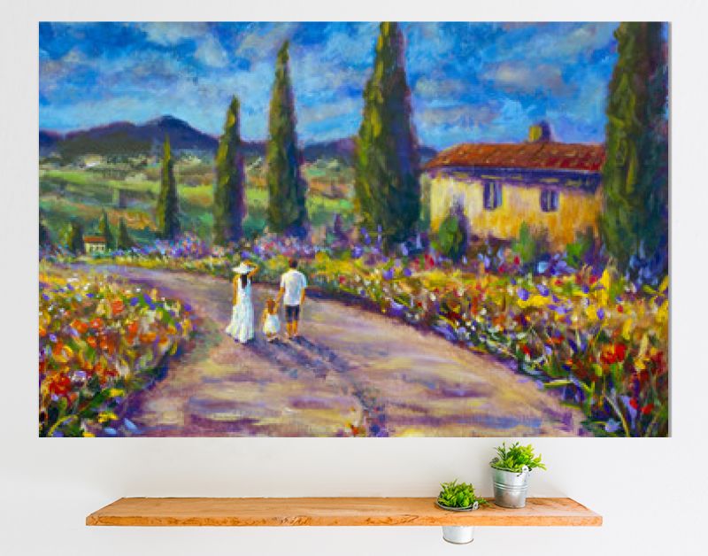Impressionisme kunst schilderij gelukkige familie in witte kleren wandelen langs de weg. Vader, moeder en dochter zijn op weg van het Italiaanse Toscaanse natuurlandschap van de zomer. Cipressen, rode bloemen,