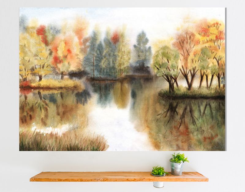 Aquarel herfstlandschap met bomen op eilanden en hun reflecties in een meer