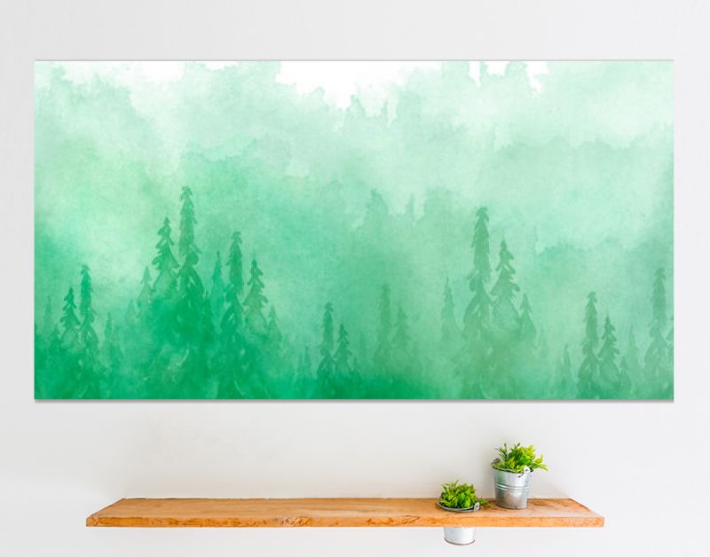 Aquarel groep bomen - spar, dennen, ceder, spar. groen bos, landschap, boslandschap. Tekening op witte geïsoleerde achtergrond. Mistig bos in nevel. Ecologische affiche. Aquarel schilderij