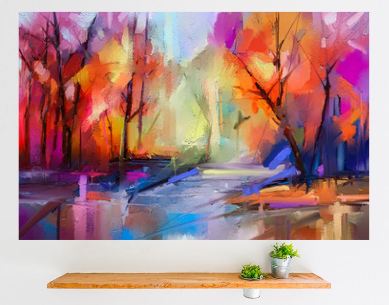 Olieverf schilderij kleurrijke herfst bomen. Semi abstract beeld van bos, landschappen met geel - rood blad en meer. Herfst, herfst seizoen natuur achtergrond. Met de hand geschilderd impressionistisch, buitenlandschap