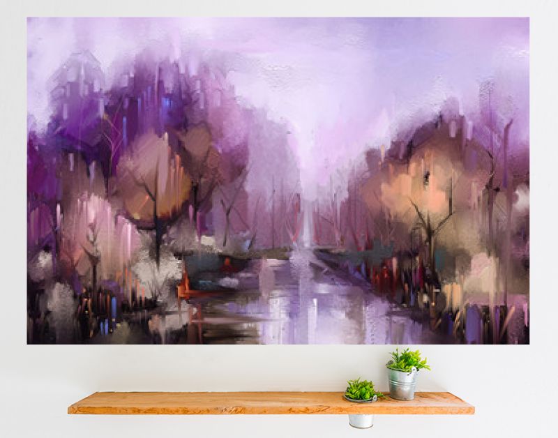 Olieverf schilderij kleurrijke herfst bomen. Vintage verfkleurenafbeelding van landschap, bos met geel, rood blad en meer. Herfst, herfst seizoen natuur achtergrond. Met de hand geschilderd impressionistisch, buitenlandschap