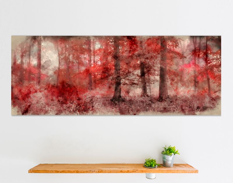 Aquarel schilderij van mooie surrealistische alternatieve kleur fantasie herfst herfst boslandschap conceptuele afbeelding