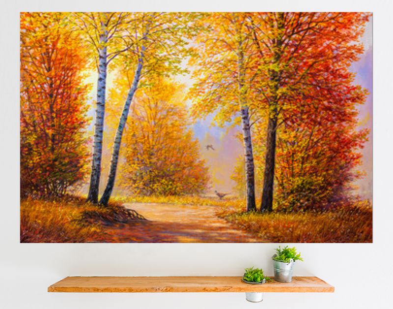 Fazanten in het herfstbos. Landschap met olieverfschilderij.