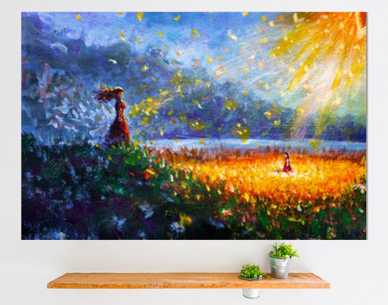 Schilderij olie - Gloeiende bloem, klein meisje en vrouw moeder - Sprookjesachtige illustratie - moderne kunst impressionisme abstract landschap acrylverf kunstwerk