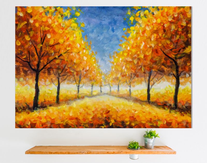 Herfst impressionisme olieverf landschap verf kunst. Goudoranje herfstboom park steegje bos hout met blauwe lucht