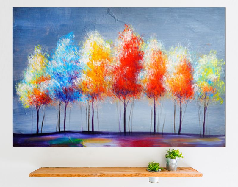 Landschap met olieverfschilderij, abstracte kleurrijke gouden bomen