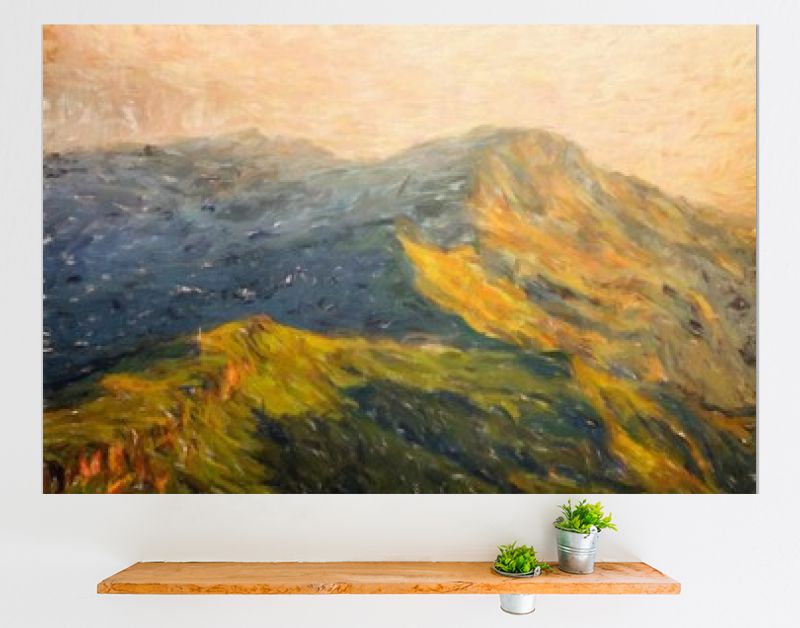 Digitale bergen bekijken olieverfschilderij met echt penseelstreken effect. Hedendaagse impressionistische kunst aan de muur in gemengde stijl. Kracht van de natuurscène. Vakantie ansichtkaarten en prints ontwerp. Schoonheid kunstwerk.