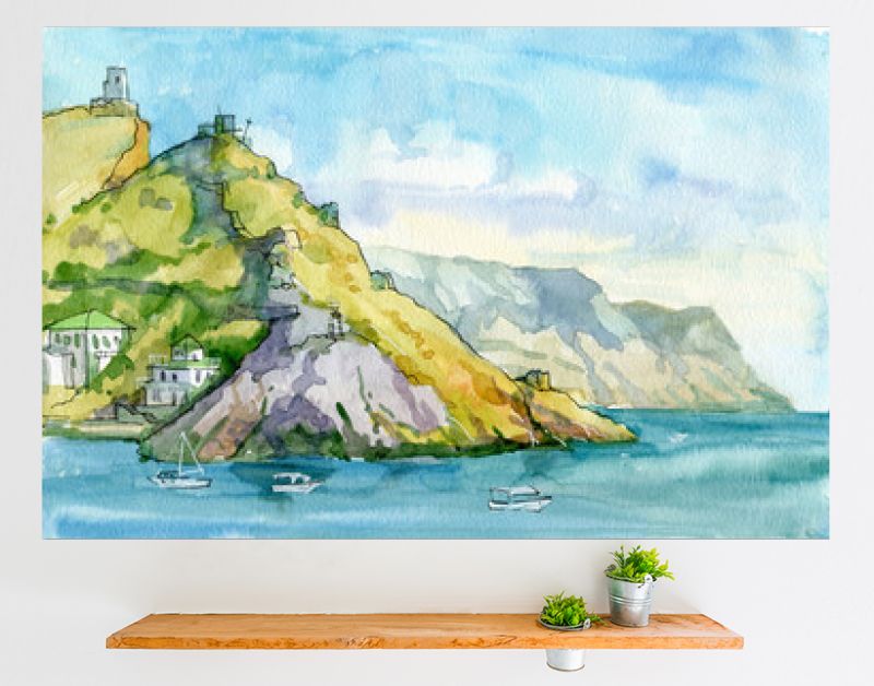 Landschap. Zeegezicht. Waterverf. Zee, rotsen, bergen, haven, schepen. Bivakmuts, Sebastopol, Krim. reizen. Toerisme.