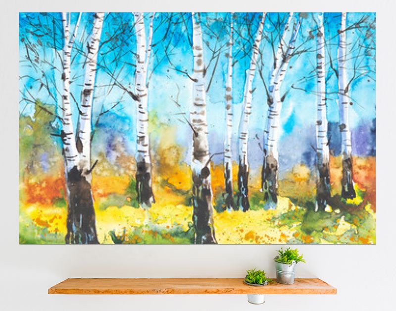 Russisch boslandschap met prachtige berken op een open plek. Aquarel illustratie