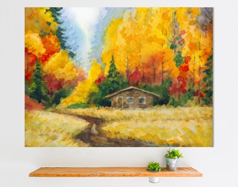 Aquarel landschap. Weg naar het herfstbos