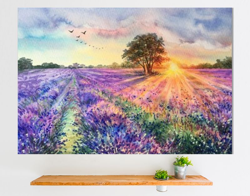 Aquarel lavendelveld. Zonsondergang lavendelveld. Violette achtergrond. Frankrijk Provence. Lente zomer briefkaart banner. Geurige bloemen. Aroma