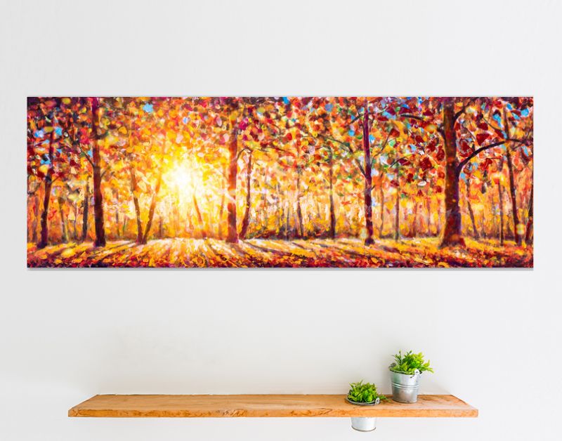 Herfstpanorama. Origineel olieverfschilderij op canvaskunst. Zonnige herfst bos bomen. Modern impressionisme. Herfst goud geel oranje rood bomen park in zonlicht landschap kunstwerk acryl schilderen