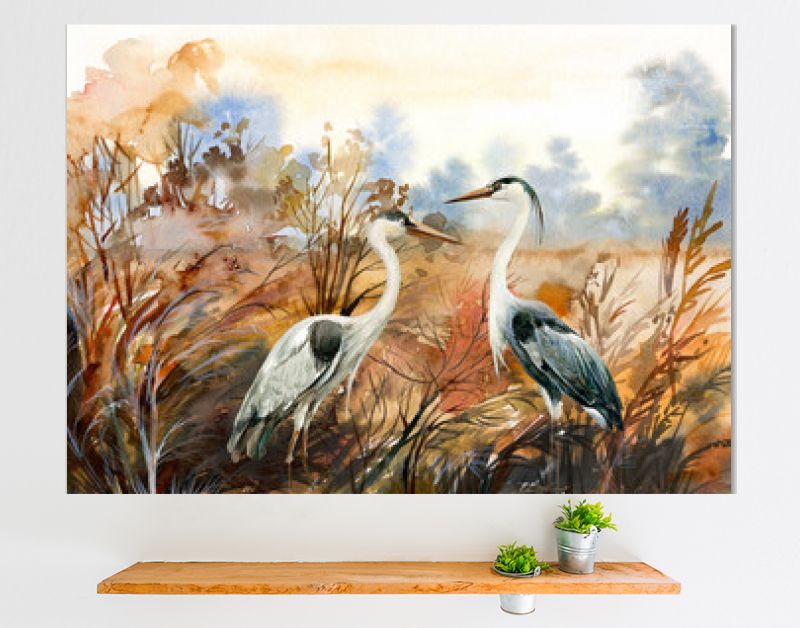 herfstlandschap met kraanvogel, aquarel illustratie