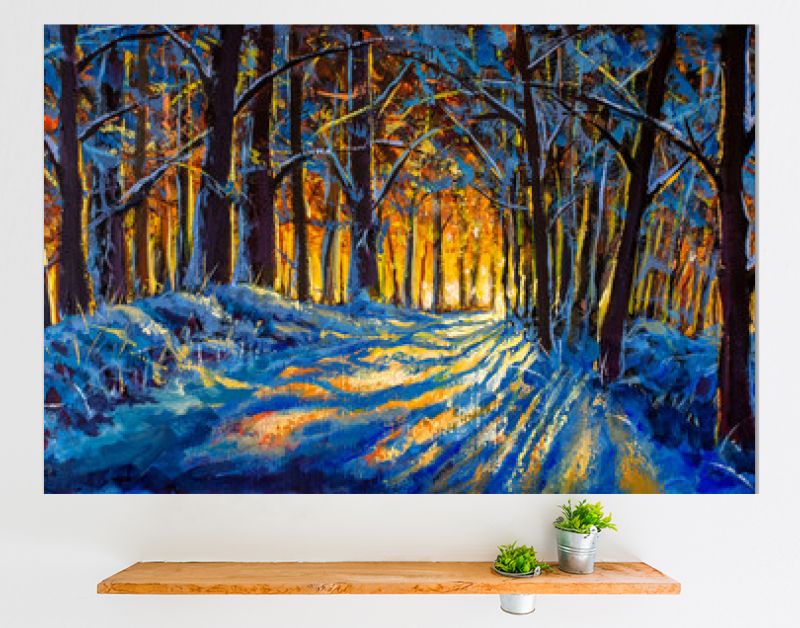 Olieverfschilderij met acryl aquarel. Winterbos. Zonnige winter bos hout landschap illustratie kunstwerk natuur.