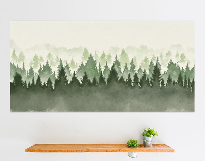 Hand getekend aquarel schilderij van kerstboom boslandschap. Brede kopie ruimte achtergrond