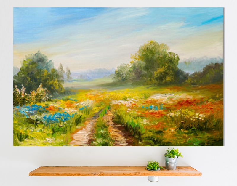 landschap met olieverf, kleurrijk bloemenveld, abstract impressionisme