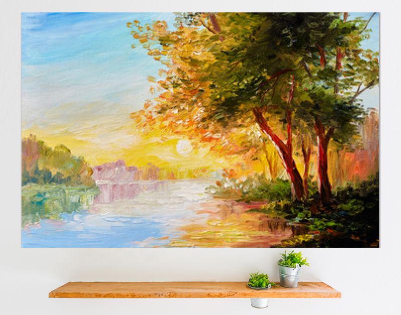 Landschap met olieverfschilderij, rivier in het lentebos met zonsondergang, middag