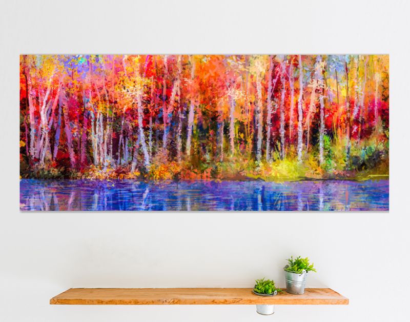 Olieverf schilderij kleurrijke herfst bomen. Semi abstract beeld van bos, espbomen met geel - rood blad en meer. Herfst, herfst seizoen natuur achtergrond. Met de hand geschilderd impressionistisch, buitenlandschap