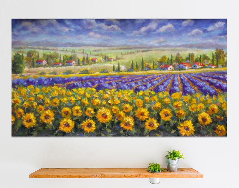 Toscane zomer Italiaans landschap. Violet blauw lavendelveld, een gele zonnebloem zonnebloemen, witte huizen met rode daken een helder Paletmes schilderij, impressionisme illustratie natuur artwork kunst
