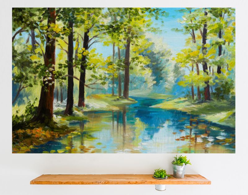 Landschap met olieverfschilderij - rivier in het bos, zomerdag