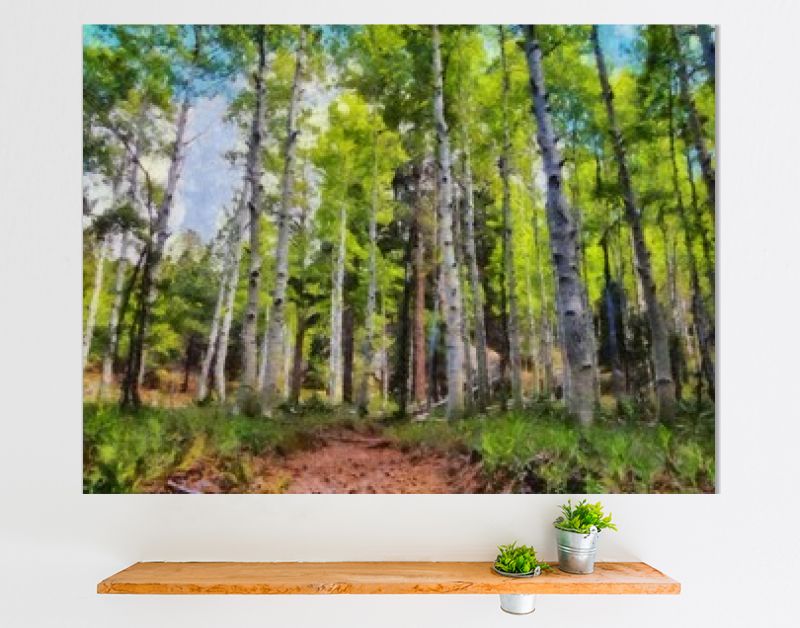 Hand tekenen van aquarel kunst op canvas. Artistieke grote print. Origineel modern schilderij. Acryl droge borstel achtergrond. Mooie zomerse landschap. Reis uitzicht. Groene bosboom. Wild natuur