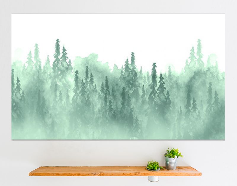 Aquarel groep bomen - spar, dennen, ceder, spar. groen bos, landschap, boslandschap. Tekening op witte geïsoleerde achtergrond. Mistig bos in nevel. Ecologische affiche. Aquarel schilderij