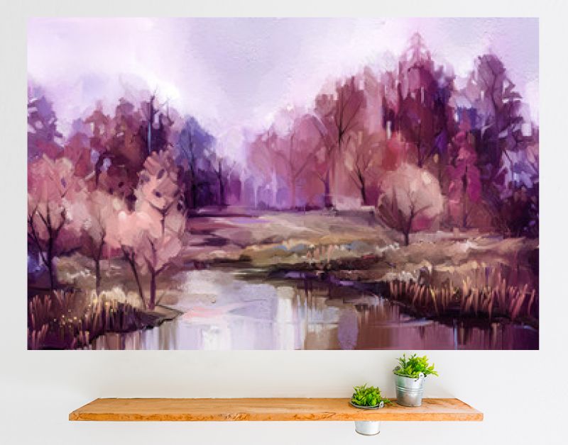 Olieverf schilderij kleurrijke herfst bomen. Vintage verfkleurenafbeelding van landschap, bos met geel, rood blad en meer. Herfst, herfst seizoen natuur achtergrond. Met de hand geschilderd impressionistisch, buitenlandschap