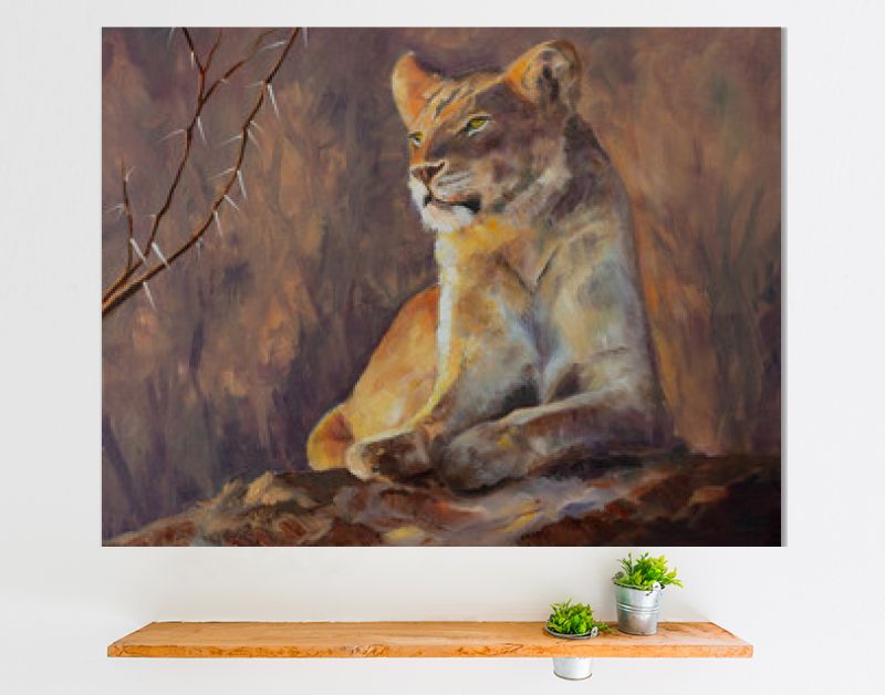 Origineel olieverfschilderij, Leeuwin die haar domein onderzoekt.