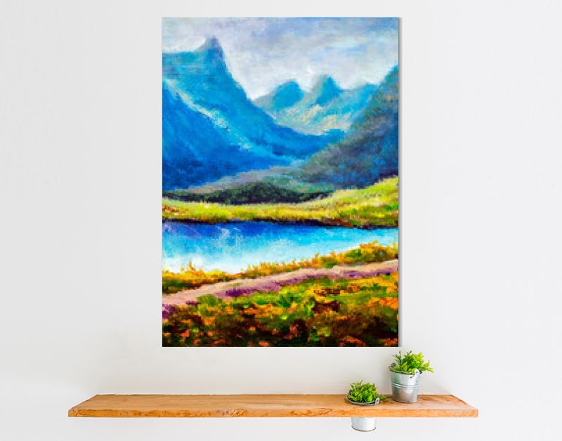 Berglandschap Origineel modern olieverfschilderij - prachtig meer in de bergen - hedendaagse beeldende kunst illustratie