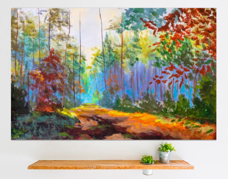 Impressionisme modern olieverfschilderij herfst bos park steegje zonlicht landschap kunstwerk. Zonnige kunst