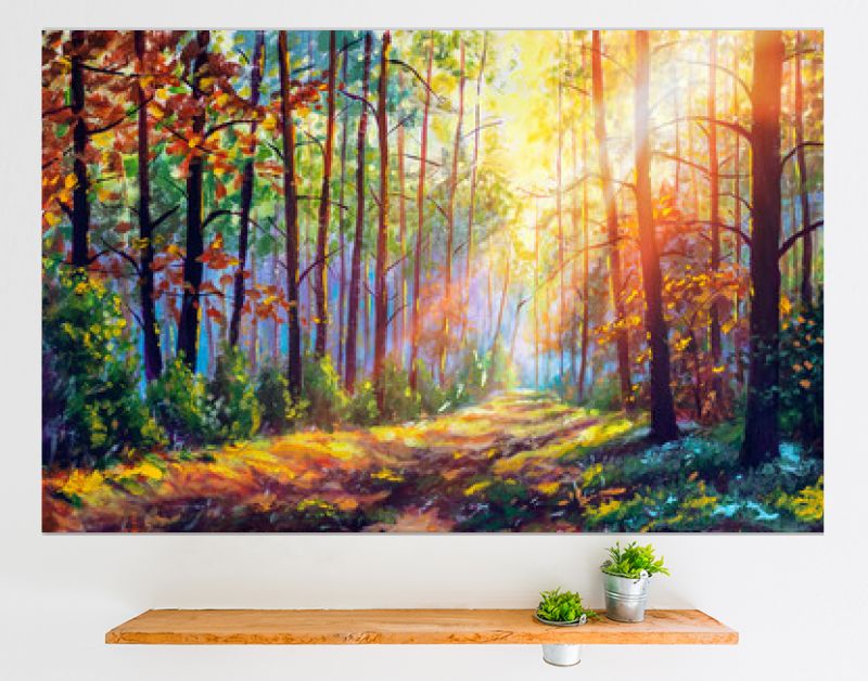 Origineel olieverfschilderij prachtig bos in de herfst, schilderachtig landschap met aangename warme zonneschijn beeldende kunst