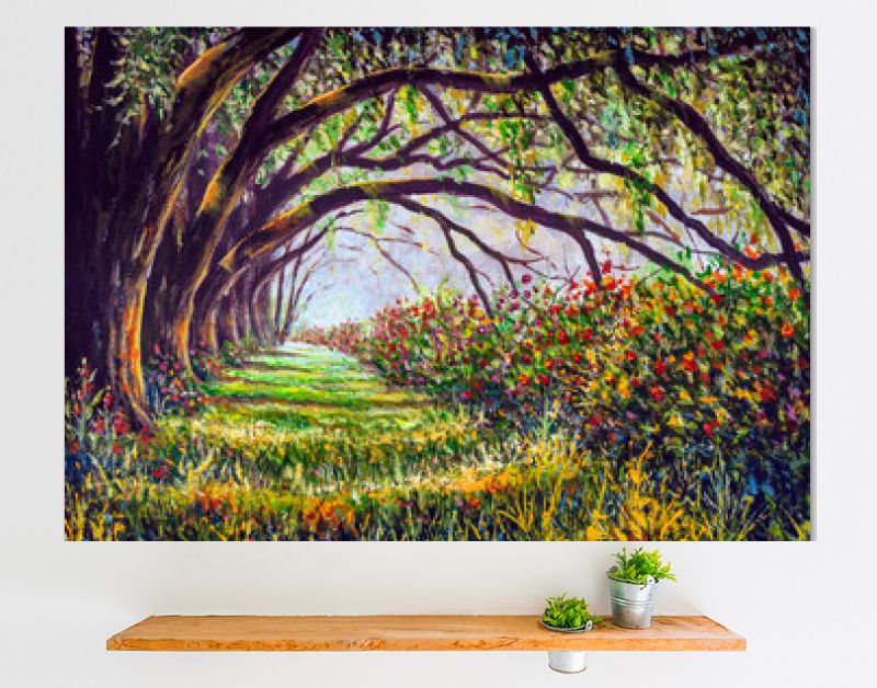 Open plek in een fantastisch zonnig bos met grote reuzenbomen en prachtige struiken met weelderige bloemen - acryl, olieverf om sprookjes voor kinderen te illustreren