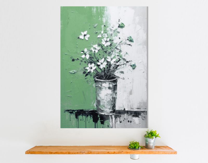 Bloemenpracht in Groene Vaas Iconische Impasto in Zwart-Wit