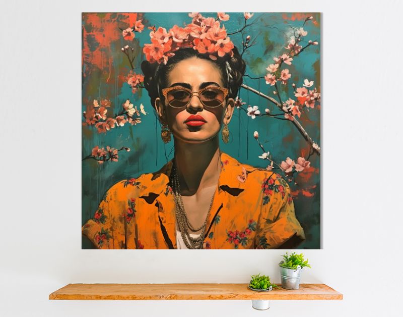 Portrait in oker with pink cherryblossoms