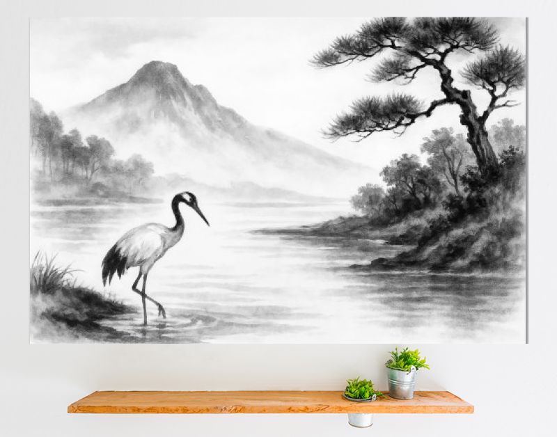 Japandi landschap met kraanvogel en bergen