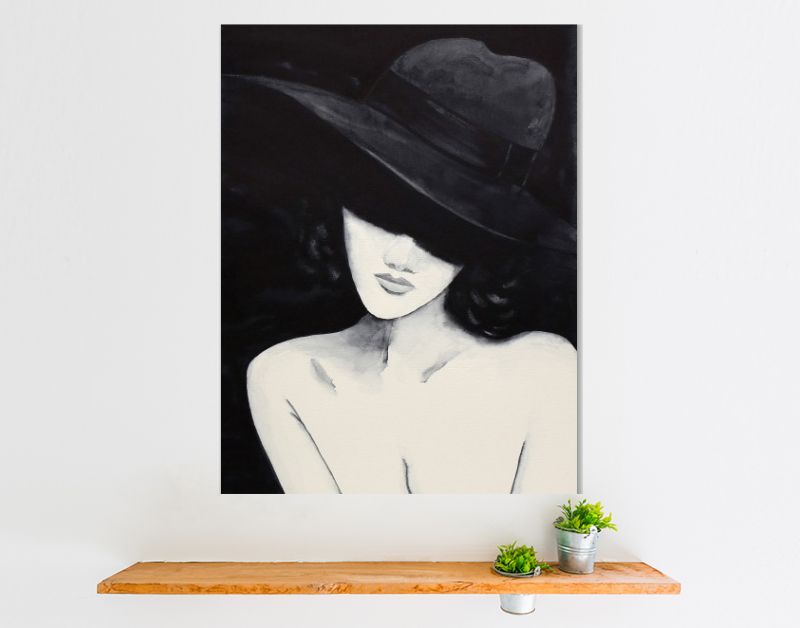 Sensueel vrouwelijk aquarel portret met grote hoed