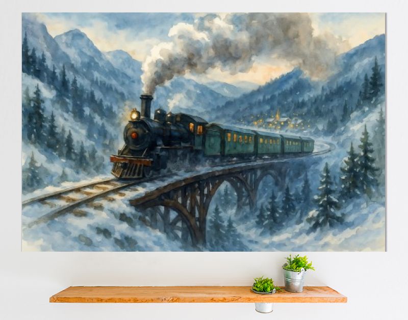 Winterse stoomtrein over brug in berglandschap