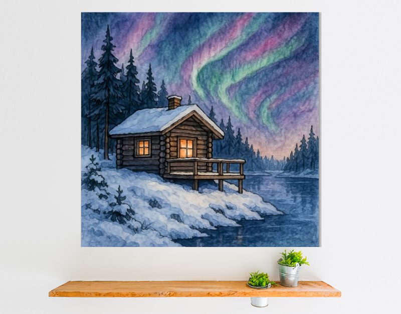 Houten blokhut aan het water met noorderlicht in Noorwegen
