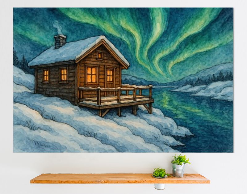 Houten huisje aan het water in Scandinavië bij noorderlicht