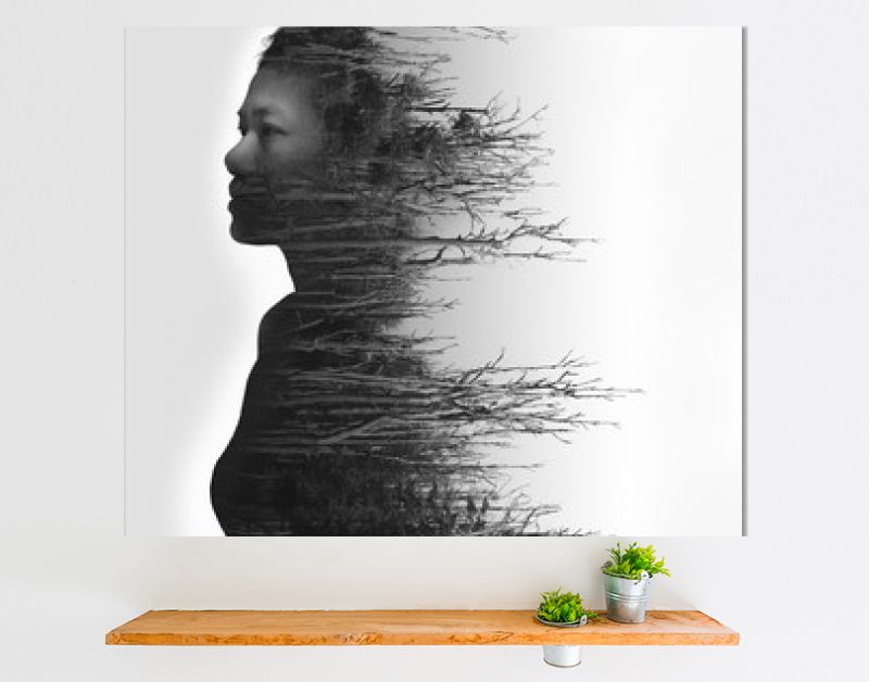 Dubbel belichtingsportret van jonge vrouw en gedroogd bos