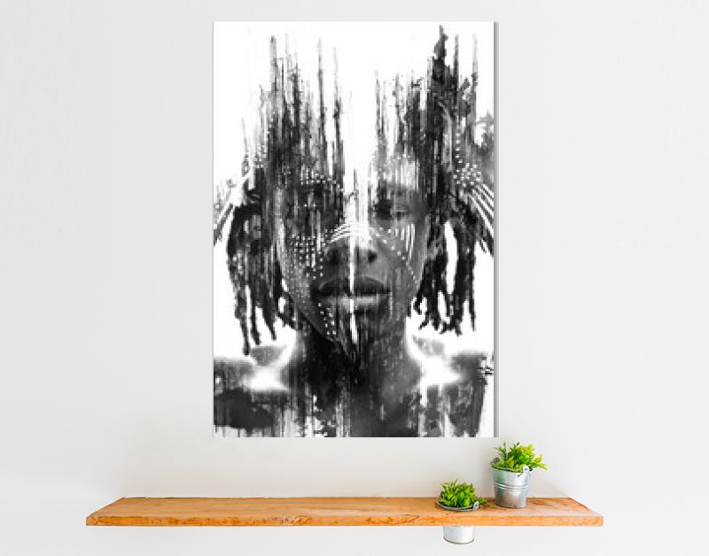 Paintografie. Expressieve Afrikaanse man gecombineerd met dramatische dubbele belichtingstechnieken en met de hand getekende schilderijen