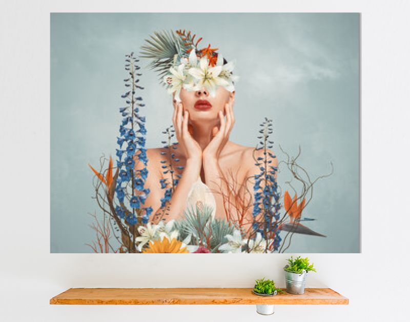 Abstracte kunstcollage van jonge vrouw met bloemen