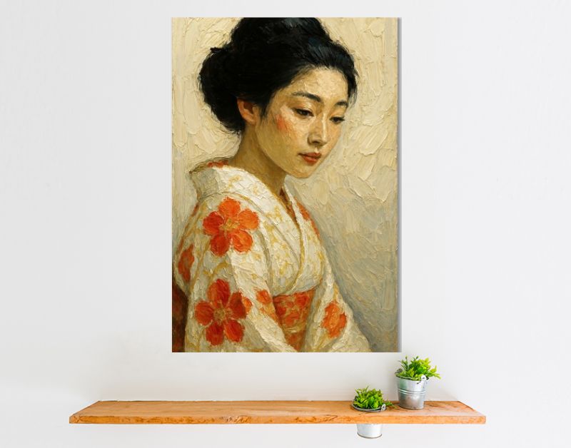Japanse geisha in kimono met oranje bloemen